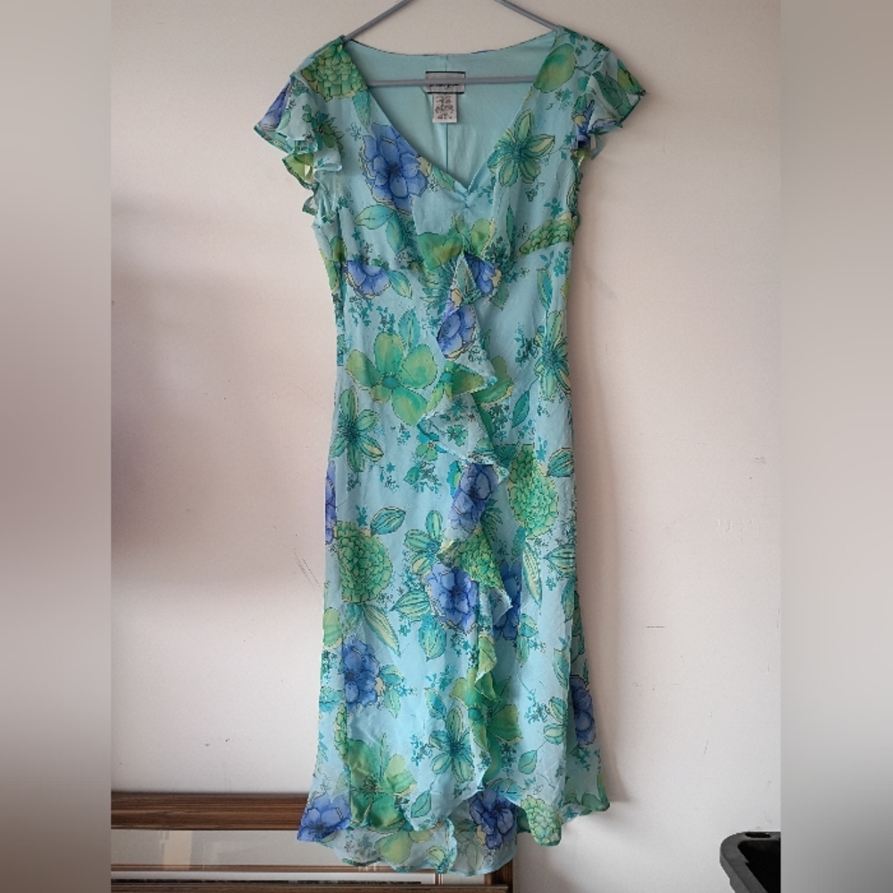 Breakin Loose Midi Dress Blue Green Floral‎ Ruffle V Neck Women's Size 15 16